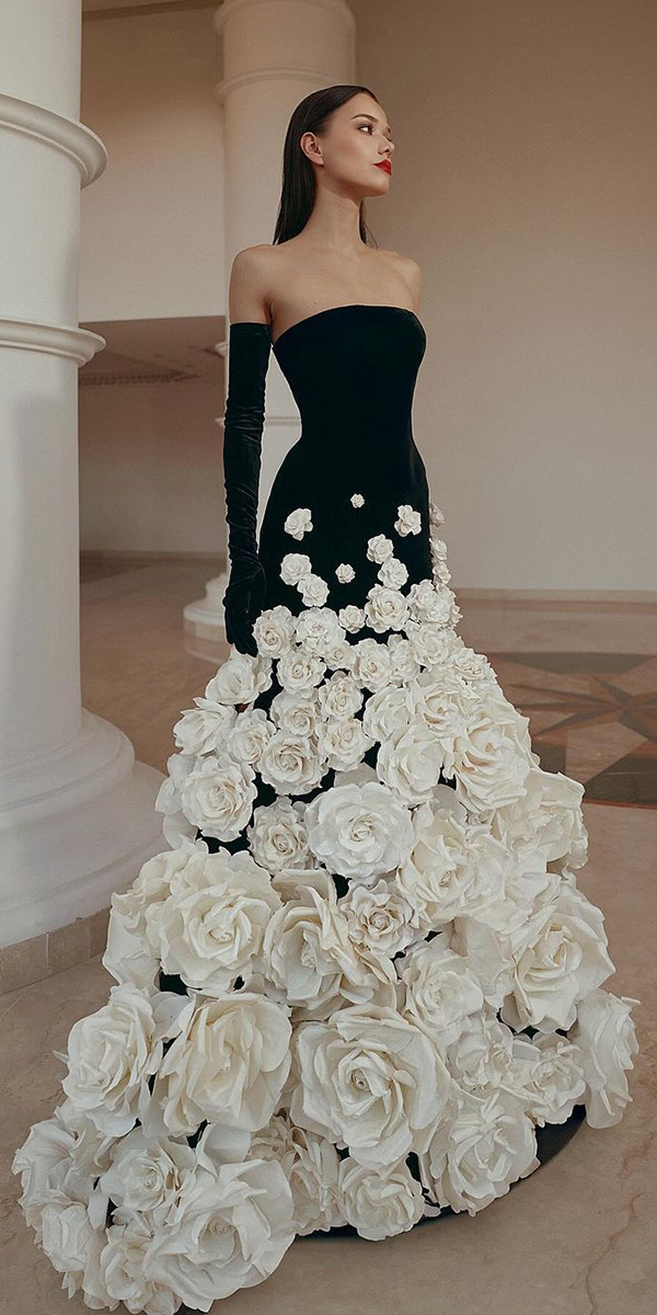 gothic wedding dresses black and white 3d floral saidmhamad