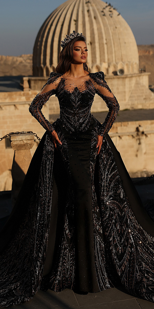 gothic wedding dresses with long sleeves with overskirt saidmhamah