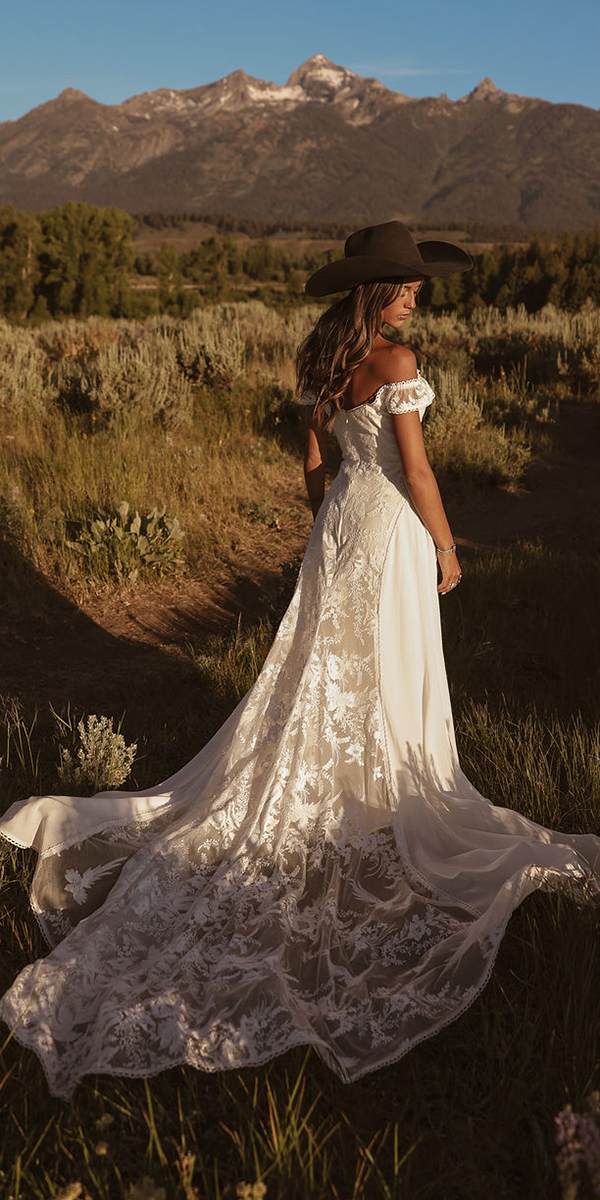 rustic lace wedding dresses a line lace off the shoulder dreamers and lovers