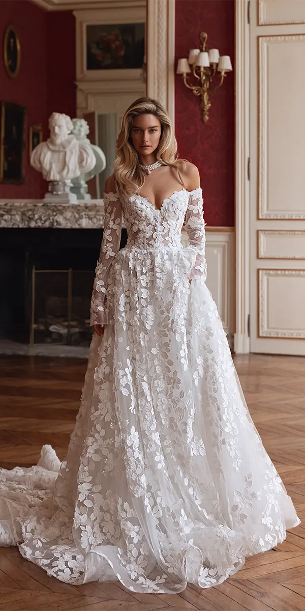 wedding dress trends 2026 a line floral appliques tinavalerdi