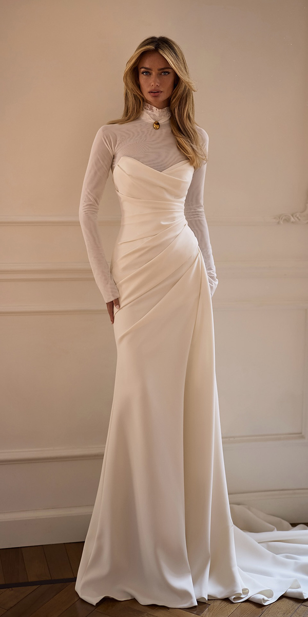 wedding dress trends 2026 sheath with long sleeves modest millnova