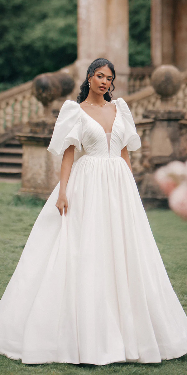 simple wedding dresses with sleeves a line v neckline with cap sleeves allure