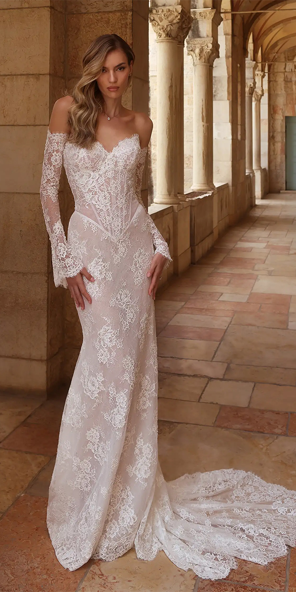 trendy wedding dresses sheath with long sleeves lace pninatornai