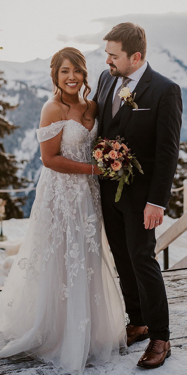 winter wedding dresses a line lace off the shoulder azazie