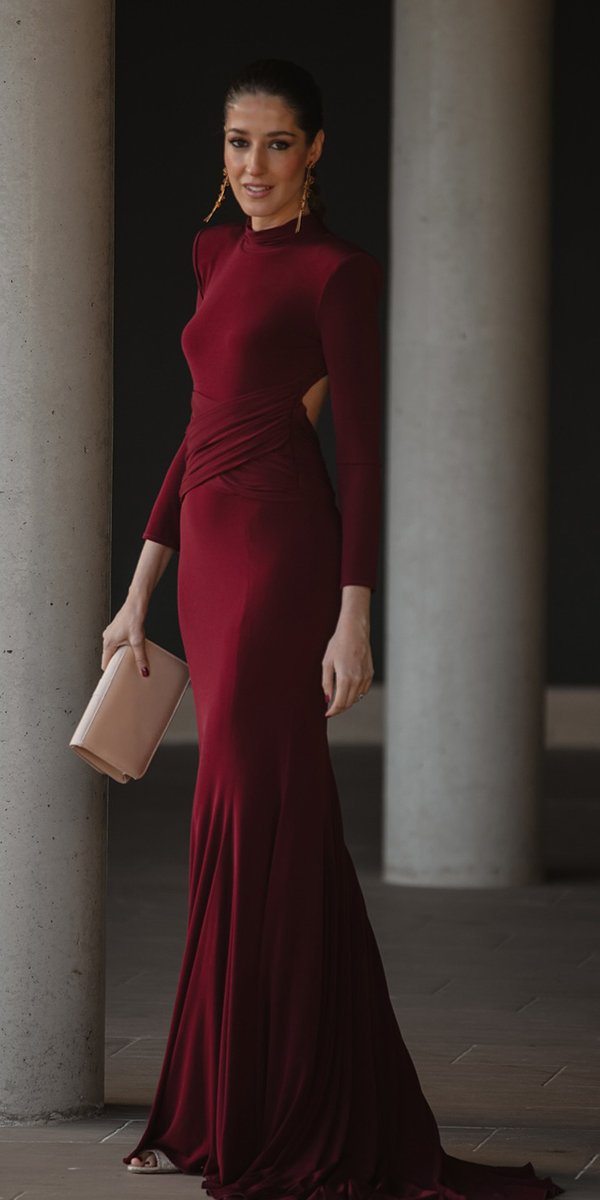 winter wedding guest dresses long with long sleeves burgundy silvia fernandezaatelier