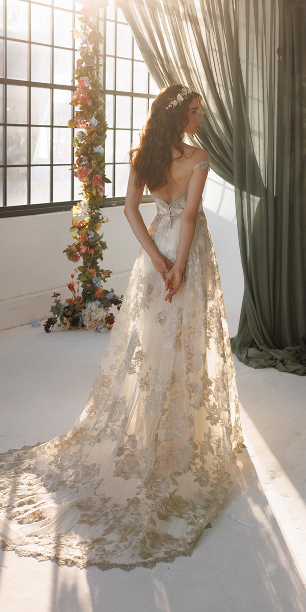 floral wedding dresses a line gold lace clairepettibone