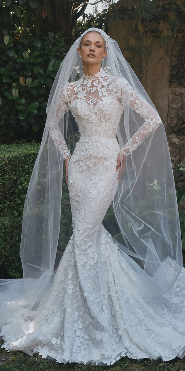 modest wedding dresses lace floral appliques with long sleeves stevenkhalil