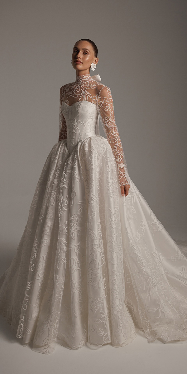 modest wedding dresses lace floral with illusion sleeves berta