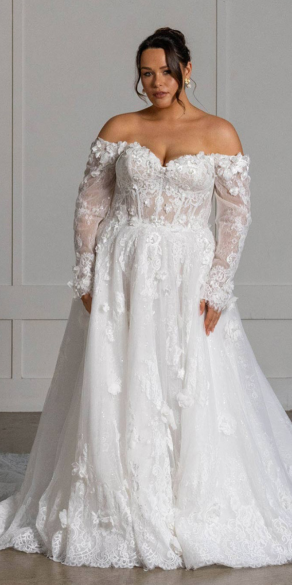 plus size wedding dresses lace with long sleeves off the shoulder madilane