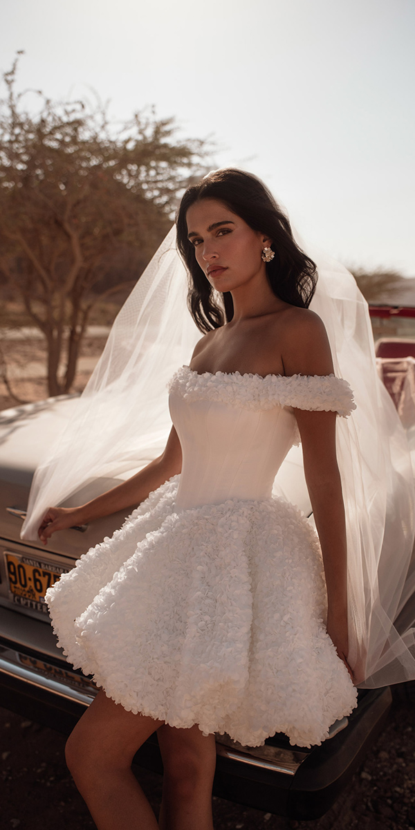 short wedding dresses simple off the shoulder floral appliques katycorso
