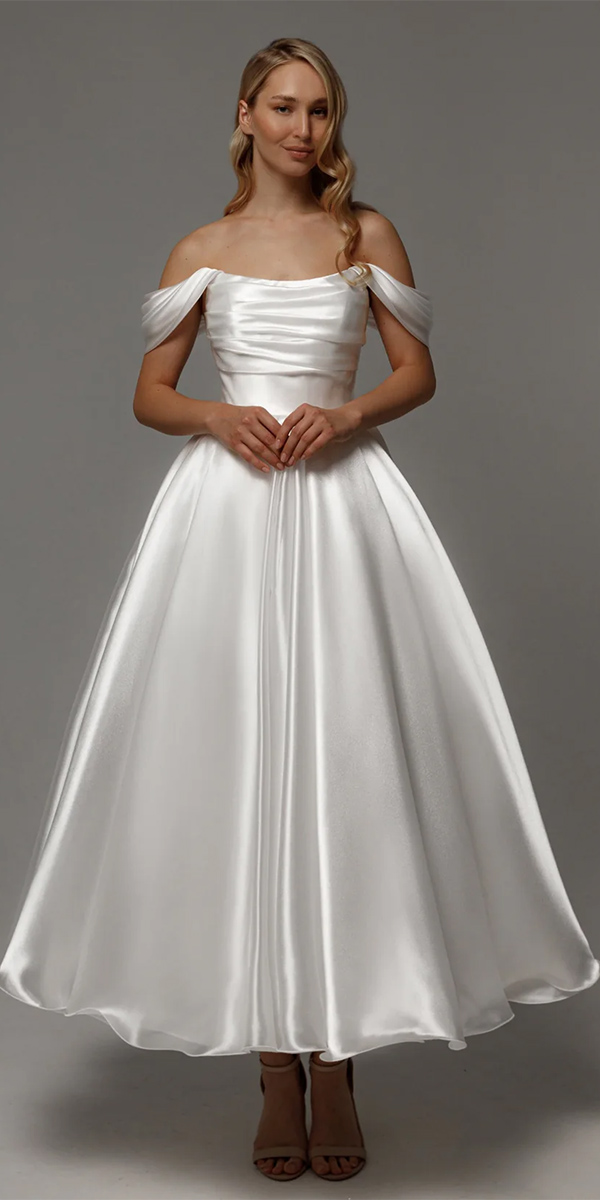 tea length wedding dresses simple strapless neckline off the shoulder oliviabottega