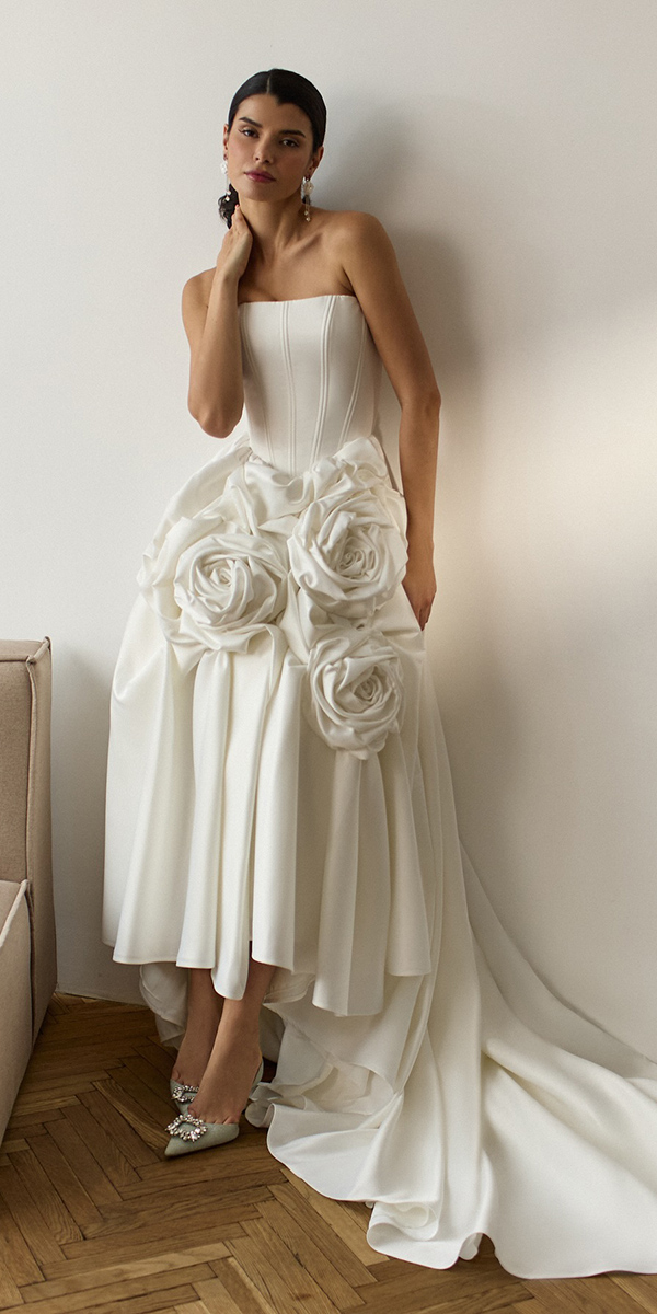 tea length wedding dresses simple with floral appliques strapless alexveil