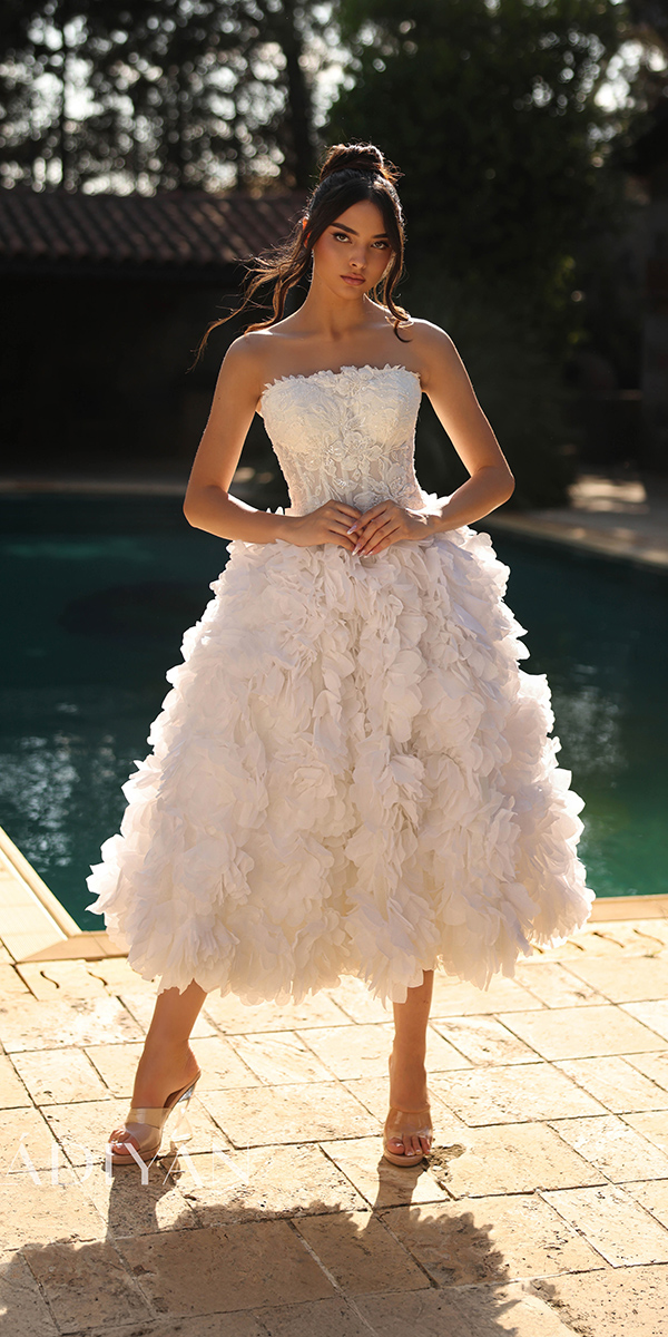 tea length wedding dresses strapless neckline floral appliques vladiyan