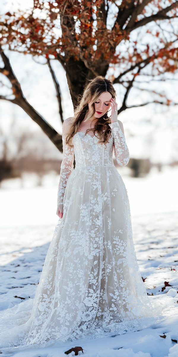 winter wedding dresses a line floral sleeves awbridal
