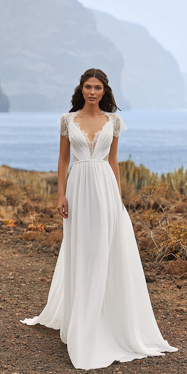 bohemian wedding dresses simple a line lace with cap sleeves pronovias