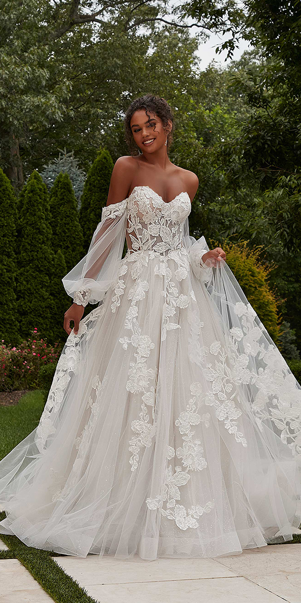 boho wedding dresses with sleeves a line off the shoulder floral appliques morilee