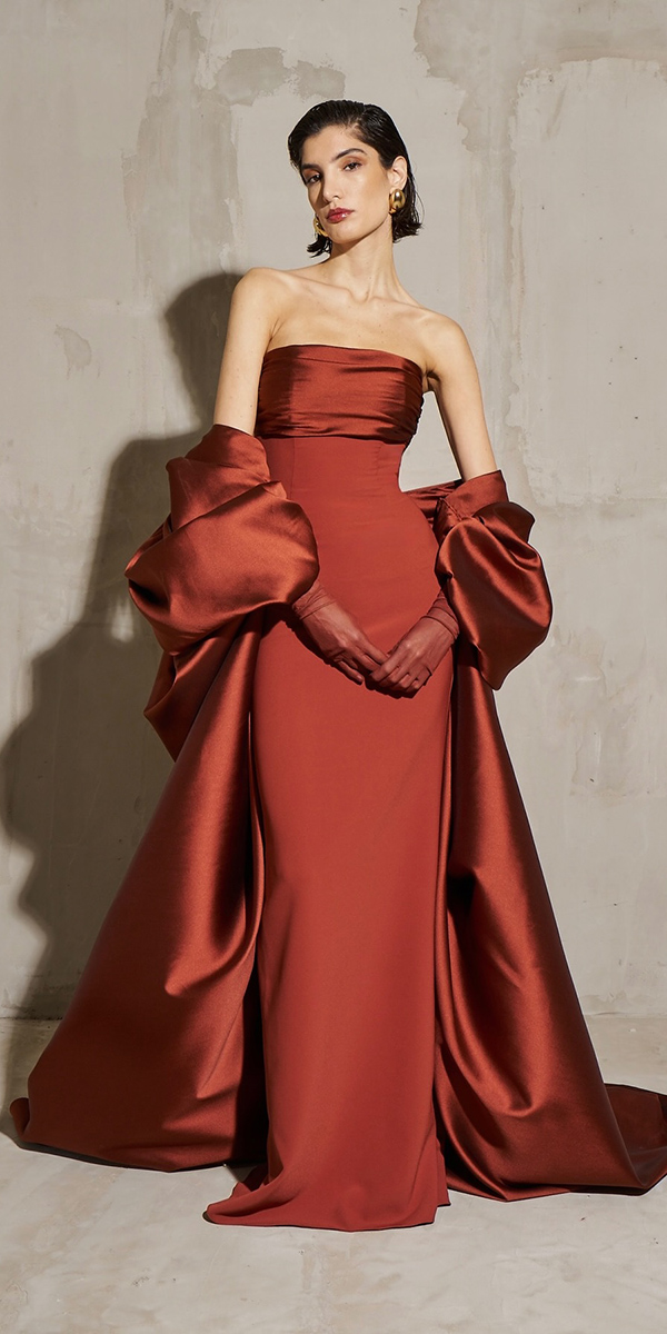 fall wedding guest dresses simple strapless neckline rust color hamda