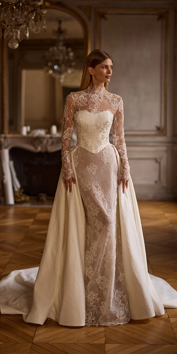 illusion long sleeve wedding dresses lace with long sleeves overskirt lucesposa