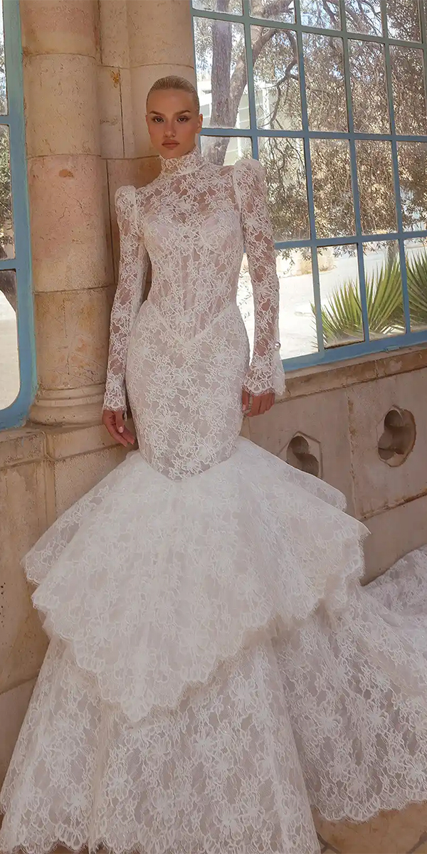 mermaid wedding dresses with long sleeves lace modest ruffled skirt pninatornai