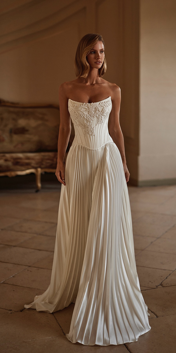 silk wedding dresses a line strapless neckline lace top millanova