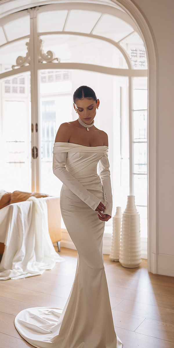 trendy wedding dresses simple off the shoulder with long sleeves wonaconcept