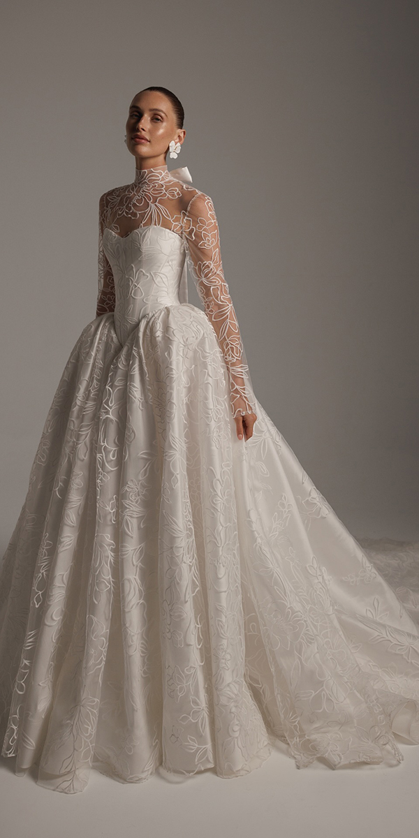 trendy wedding dresses with illusion long sleeves floral lace berta