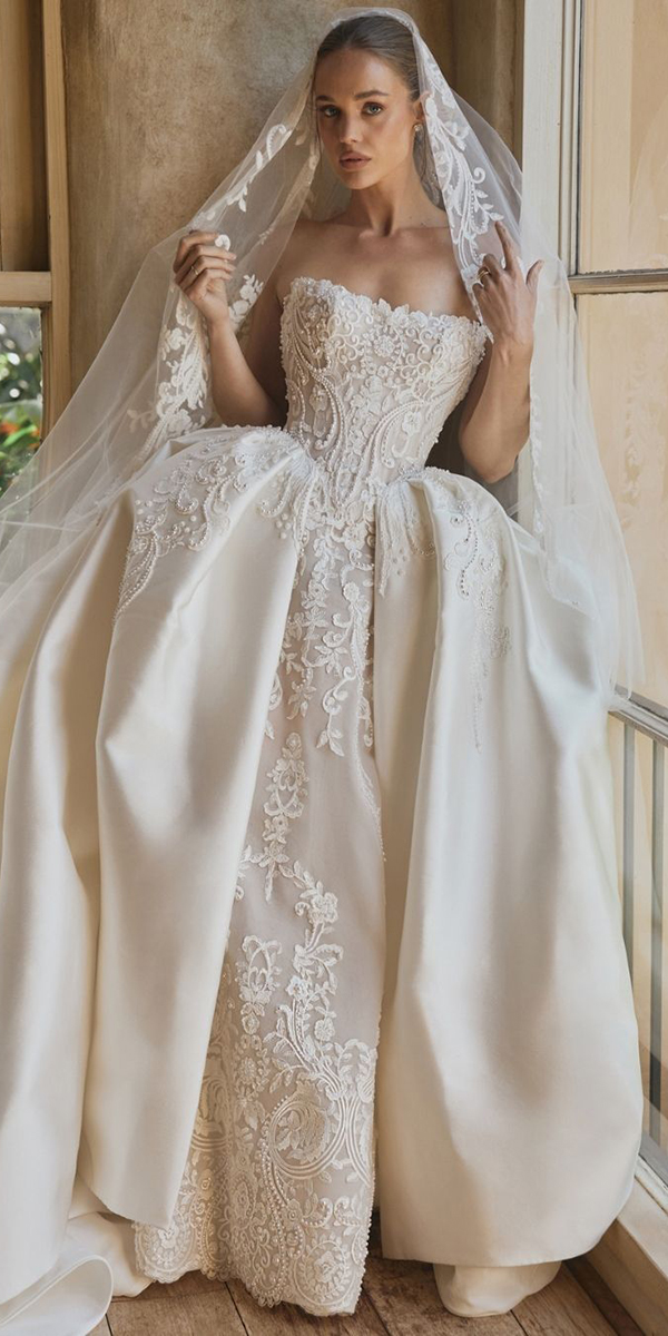 vintage wedding dresses lace corset strapless neckline with overskirt stevenkhalil