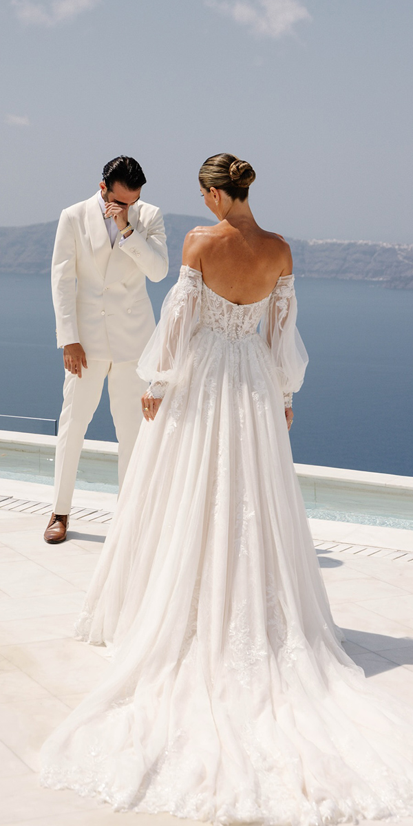 beach wedding dresses a line with long sleeves lowback justinalexander