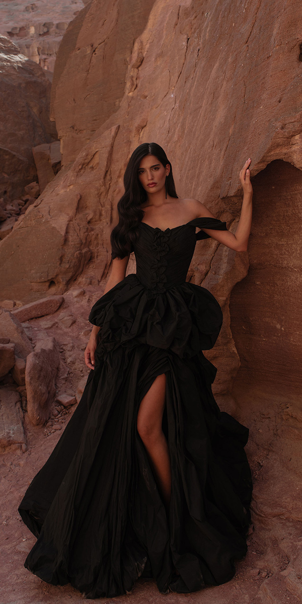 black wedding dresses simple a line off the shoulder katycorso