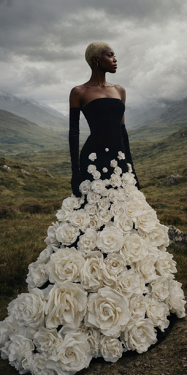 black wedding dresses with white floral 3d said