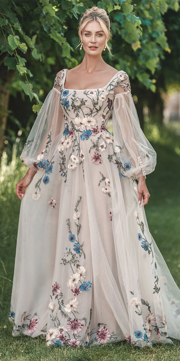 floral wedding dresses a line with long sleeves floral appliques allure