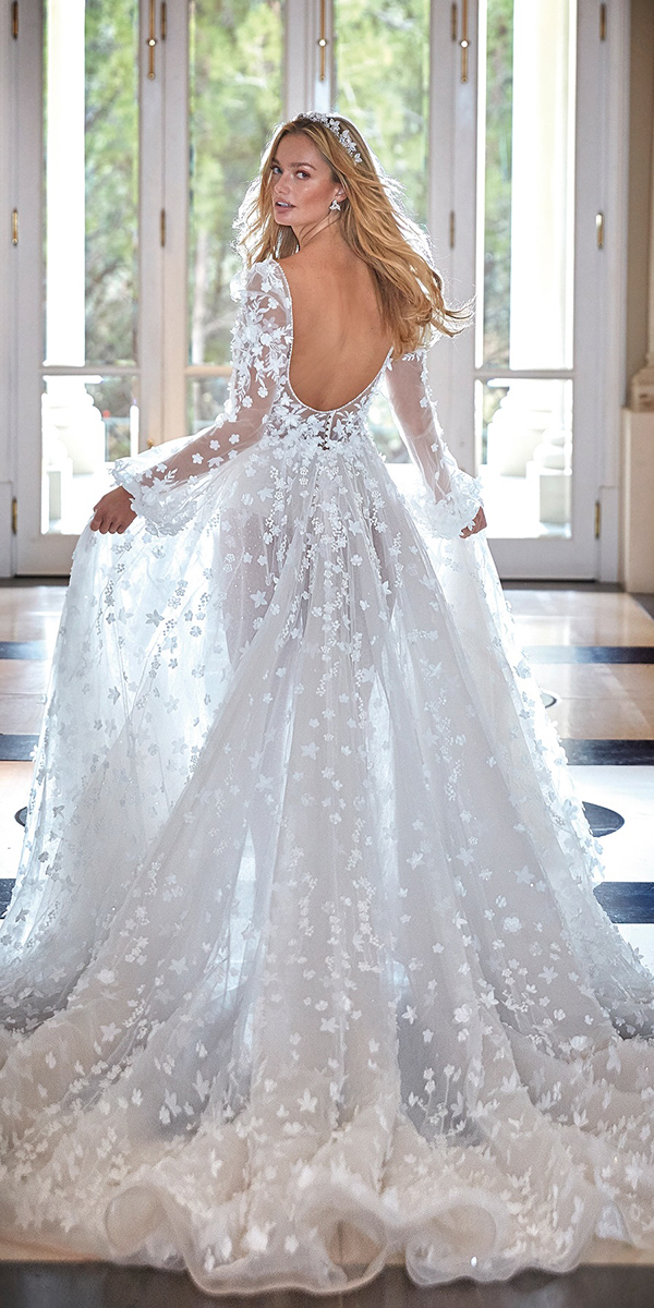 long sleeve wedding dresses a line low back puff sleeves edenluxe