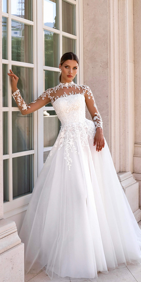 long sleeve wedding dresses illusion lace floral a line naviblue.group