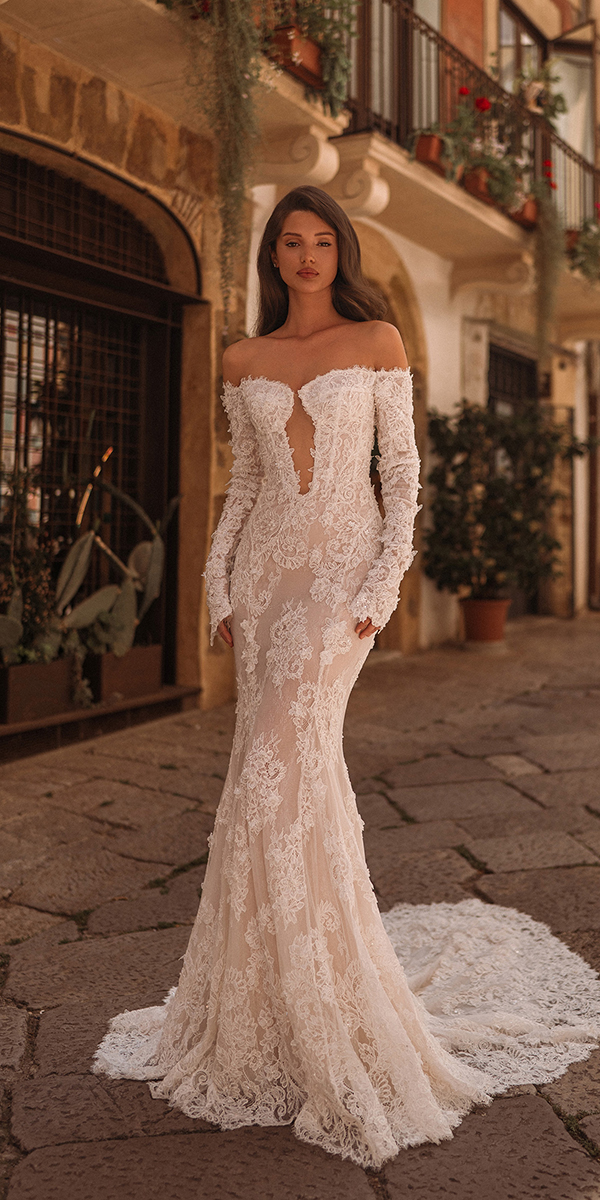 long sleeve wedding dresses sheath off the shoulder floral lace royaldi