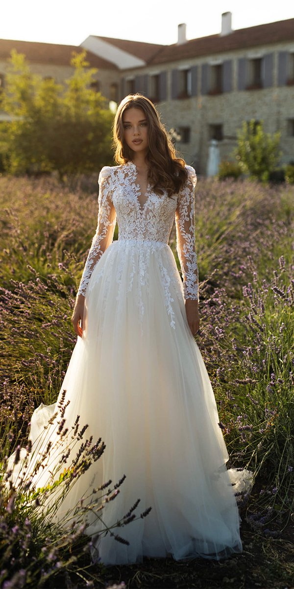 rustic lace wedding dresses a line with long sleeves floral lace western naviblue.group