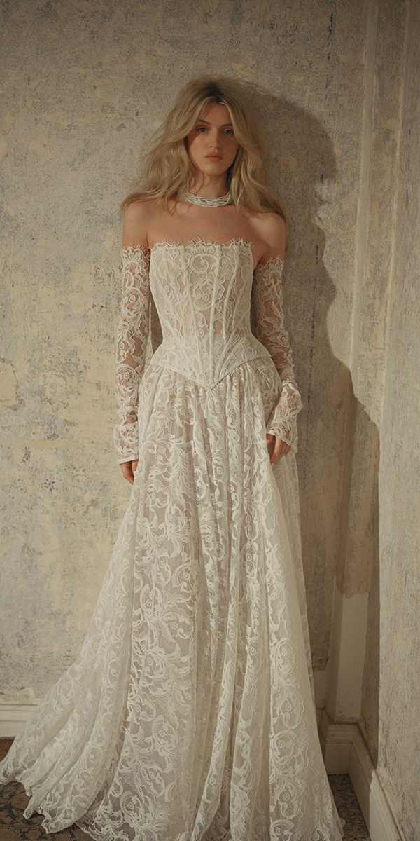 rustic lace wedding dresses with sleeves detached floral lace berta