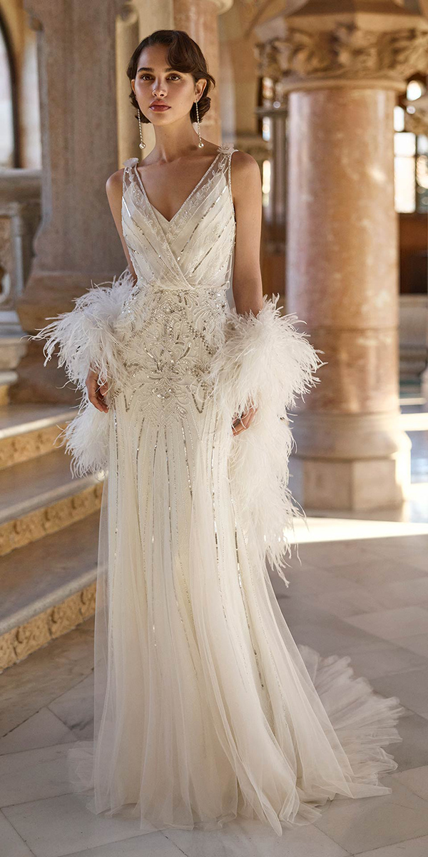 vintage wedding dresses 1920s sheath v neckline with beaded jeweled rosaclara