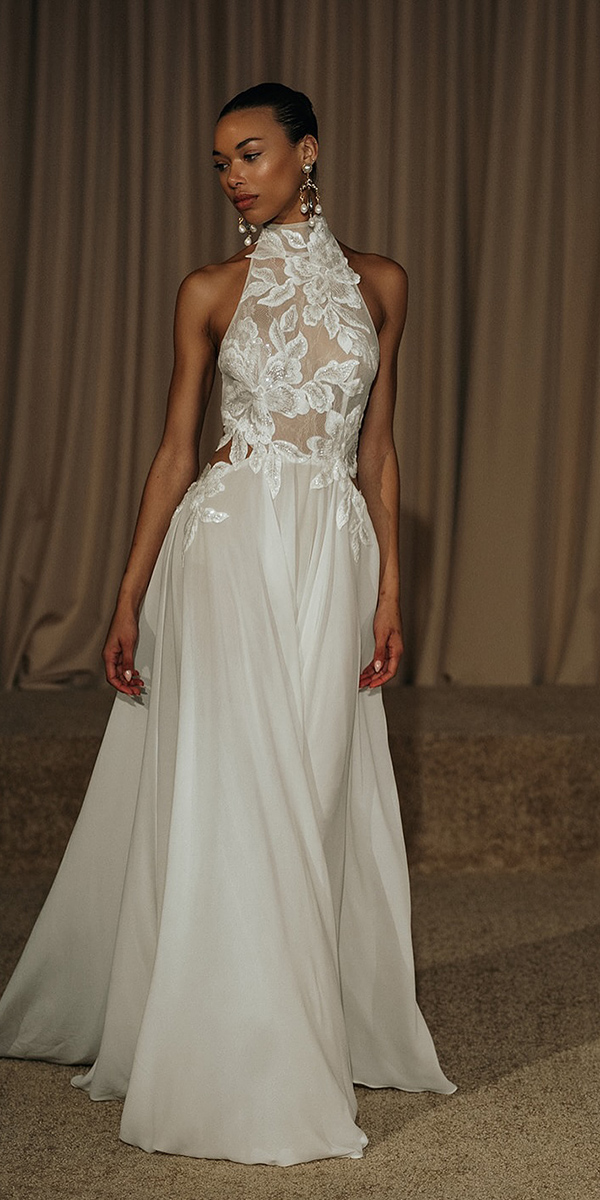 a line wedding dresses a line floral halter neckline floral berta