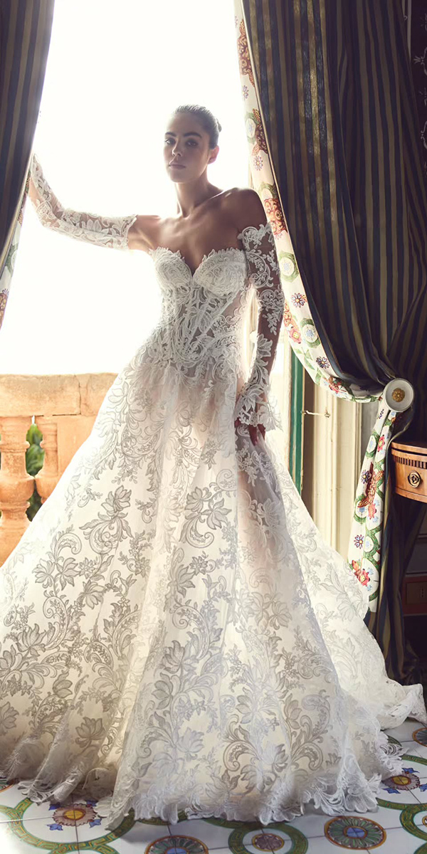 a line wedding dresses lace floral with sleeves alexandroangelozzi