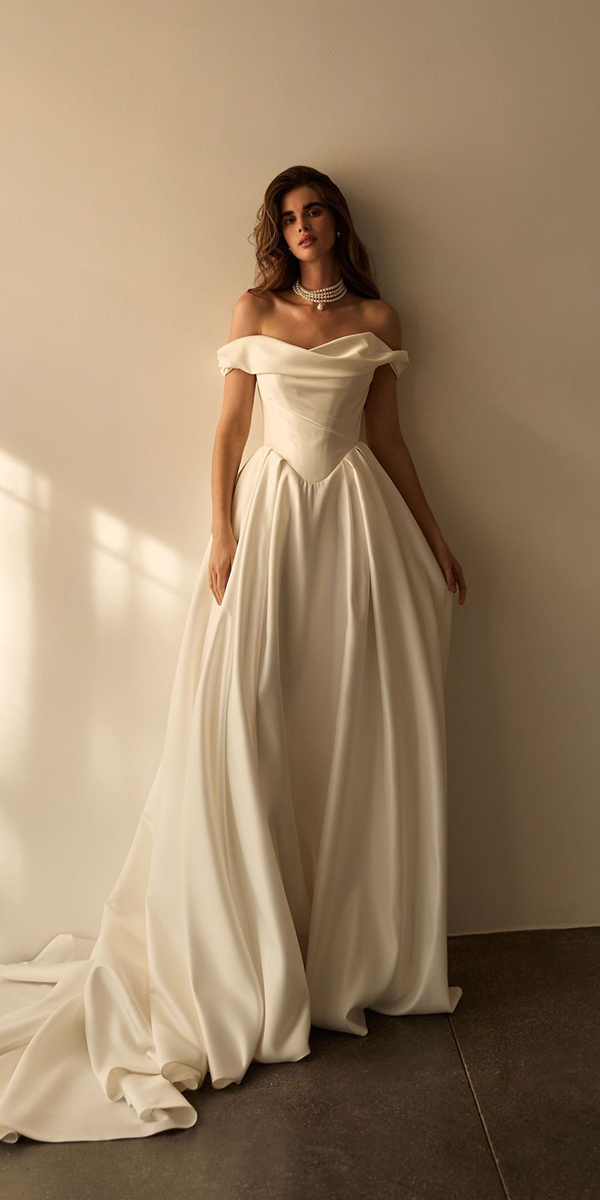 a line wedding dresses simple off the shoulder millanova