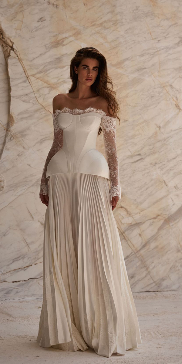 simple wedding dresses with sleeves casual with lace strapless neckline millanova