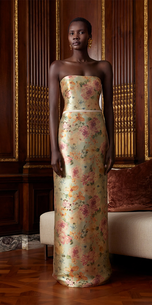 wedding guest dresses for spring long floral strapless neckline sarehnouri