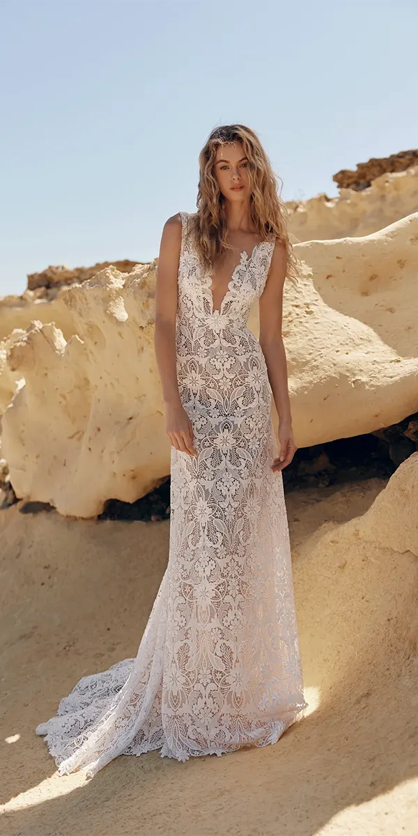 beach wedding dresses sheath boho floral lace evalendel