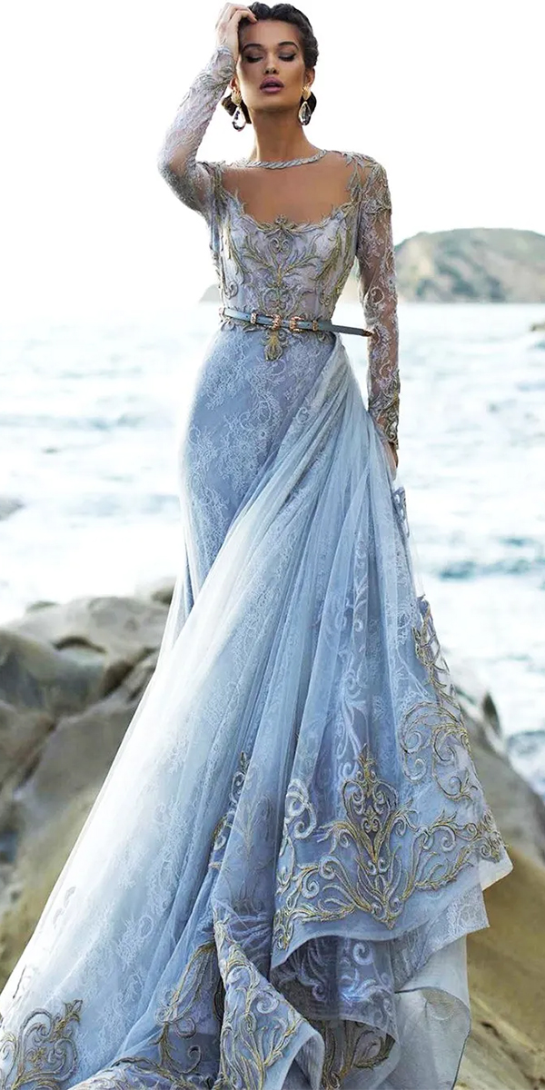 blue wedding dresses a line lace with sleeves tarikediz