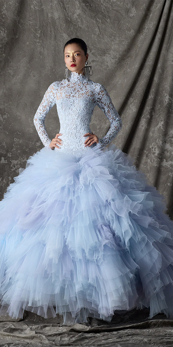 blue wedding dresses lace with sleeves ruffled skirt ines di santo