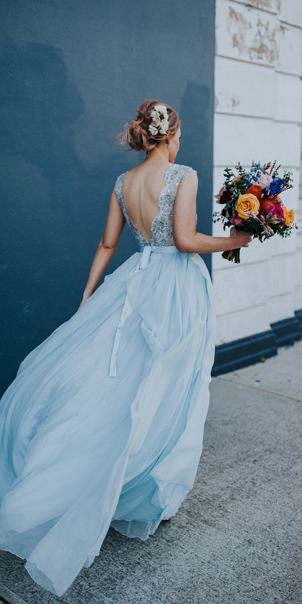 light blue wedding dress with V back lace bodice