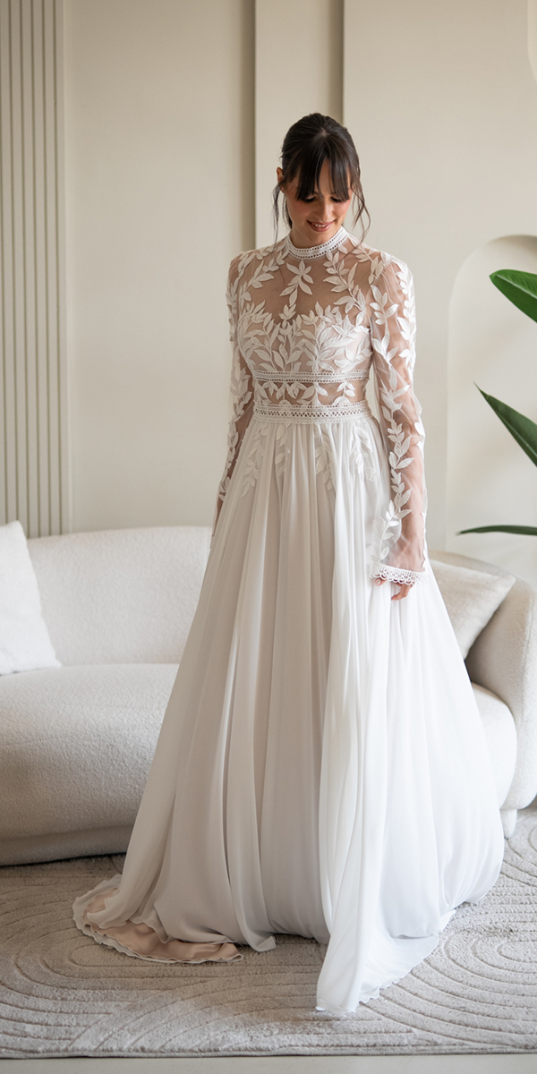 bohemian wedding dresses floral with illusion long sleeves nadiamanzato