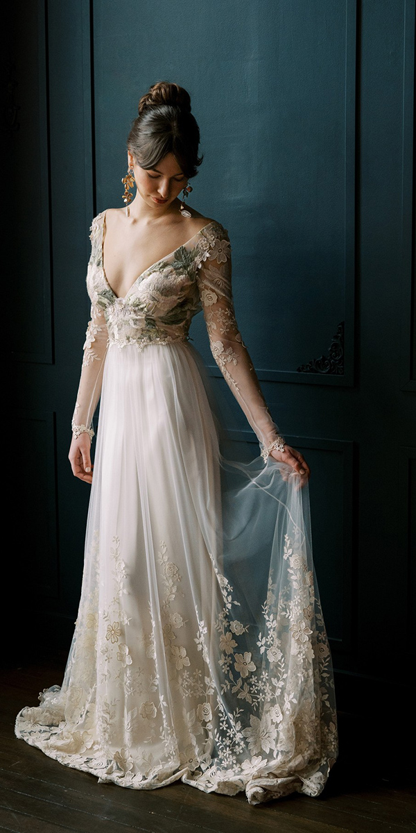 boho wedding dresses with sleeves floral with illusion long sleeves clairepetibone