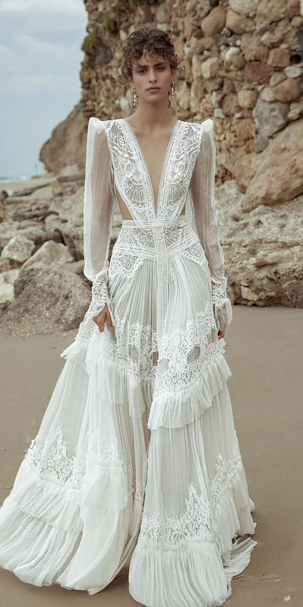 boho wedding dresses with sleeves lace v neckline danielkohavi.bridal