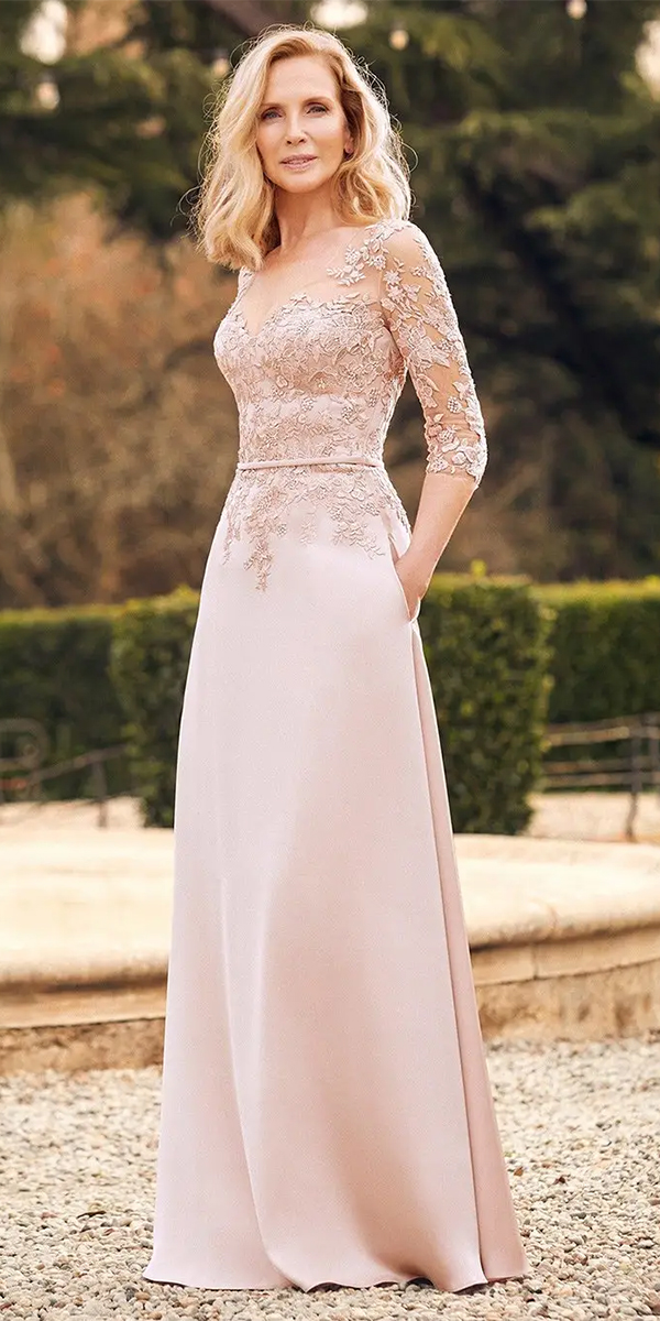 mother of the bride dresses long with illusion sleeves lace pink sanpatrick